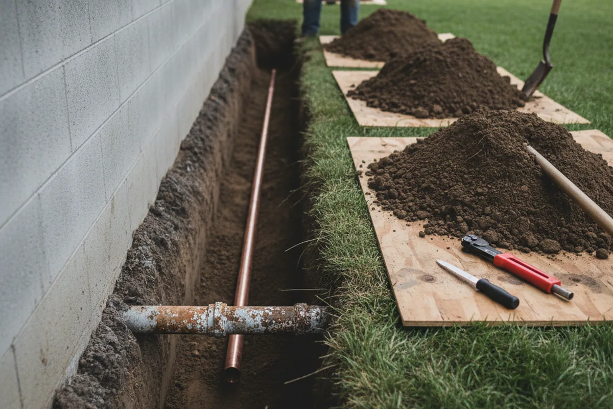 Excavated water line trench during Water Heater Repair in Littcarr
